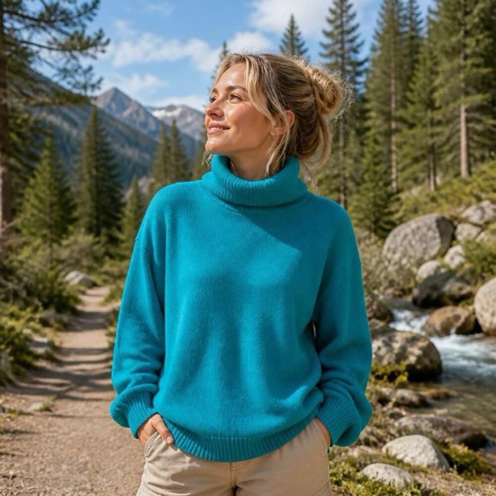 VTG Lord & Taylor Women L Wool Angora Blend Turtleneck Pull Sweater Turquoise